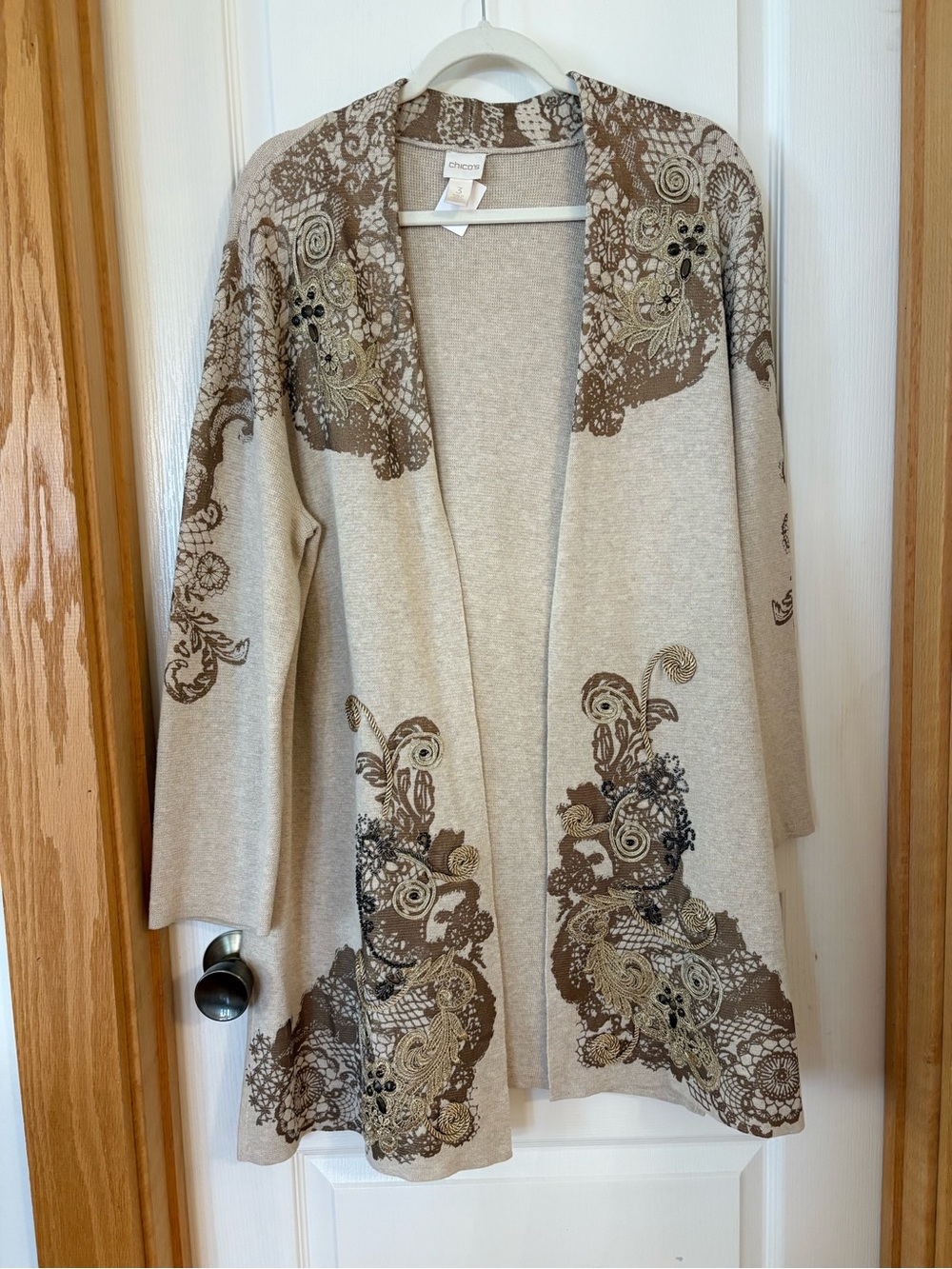 Chico's Cream Open-Front Embroidered Cardigan with Brow Accents
